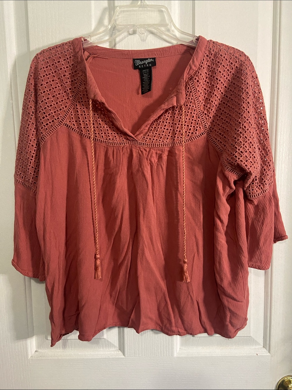 Wrangler Coral Crochet Yoke Peasant Blouse
